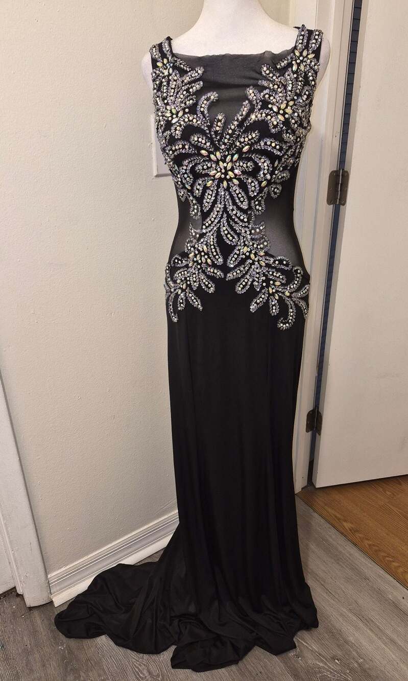 Jasz Couture Black Crystal Embellished Mesh Formal Evening Gown